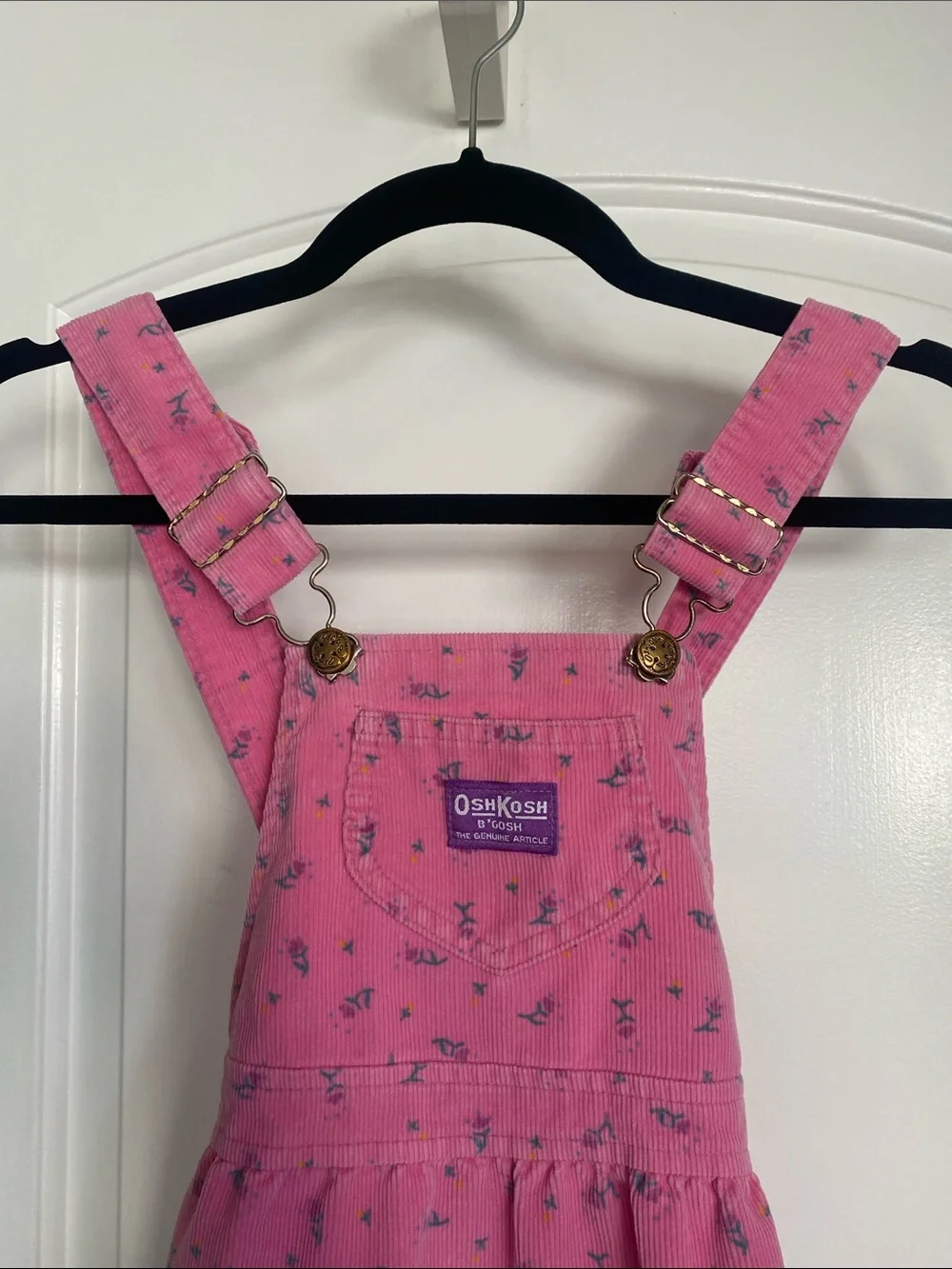 VTG 80s OshKosh B'gosh Pink Corduroy Floral Overall Dress Size 6 Union Made USA